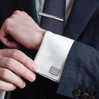 Набор мужской Запонки + зажим для галстука, прямоугольник рефлёный, цвет серебро