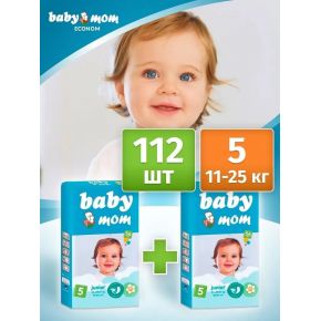 Подгузники детские Baby Mom Ecomon junior для малышей 11-25 кг, 5 размер, 112 шт (2 упаковки по 56 шт), дневные (ночные) с кремом бальзамом алоэ вера и индикатором влаги