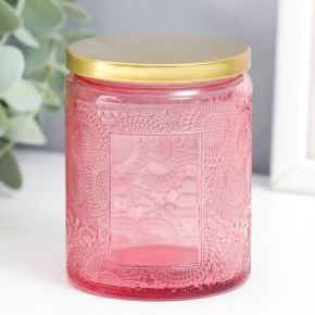 Банка для свечей стекло с крышкой "Цветочная" розовая, цилиндр 9х7х7 см