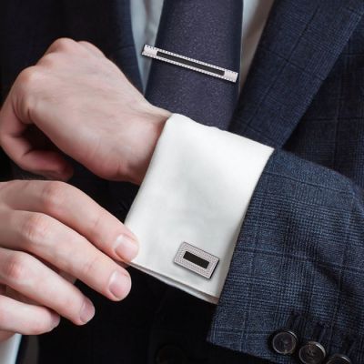 Набор мужской Запонки + зажим для галстука, прямоугольник с фиолетовый эмалью, цвет серебро
