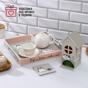 Набор посуды Доляна «Котики», поднос 32×32×4,5 см, чайный домик, подставка под кружку в подарок