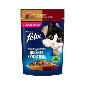 Влажный корм FELIX "Двойнная вкуснятина" для кошек, индейка/печень в желе, пауч 75 г