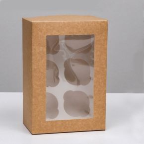 Упаковка под 6 капкейков с окном, крафт, 25 х 17 х 10 см
