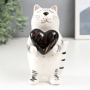 Сувенир керамика "Котик с сердечком" бело-чёрный с золотом 15х8,2х7,8 см   6436041