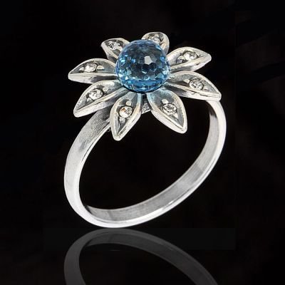 Кольцо Сель, размер 17, цвет голубой в чернёном серебре