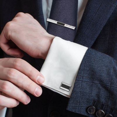 Набор мужской Запонки + Зажим для галстука, прямоугольник серебристый с чёрной эмалью