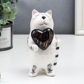 Сувенир керамика "Котик с сердечком" бело-чёрный с золотом 15х8,2х7,8 см