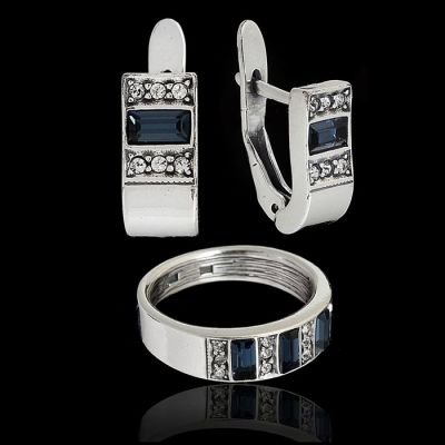 Гарнитур 2 предмета: серьги, кольцо Камбос, размер 16, цвет голубой в черненом серебре