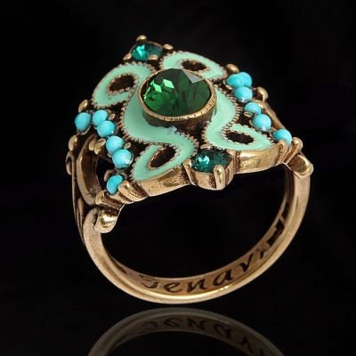 Кольцо Шер, размер 18, цвет тёмно-зелёный в бронзе