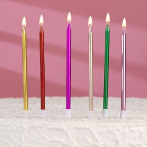 Свечи в торт коктейльные "С днем рождения", 6 шт, 13,5 см, металлик