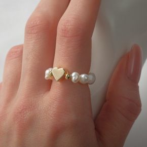 Кольцо сердечко "МИКС камней" (жемчуг крупный, гематит), цвет золото, 17 размер