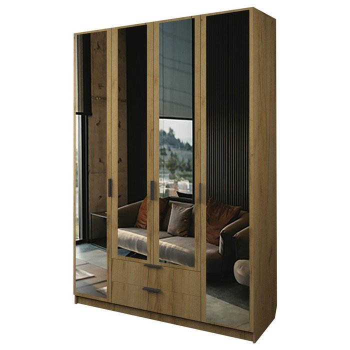 Шкаф 4-х дверный «Экон», 1600×520×2300 мм, 2 ящика, 4 зеркала, цвет дуб крафт золотой