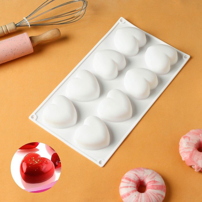 Форма силиконовая для муссовых десертов и выпечки KONFINETTA «Сердца», 30×17,5×3 см, 8 ячеек, ячейка 6,2×6 см, цвет белый