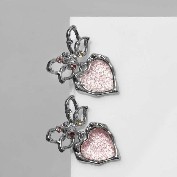 Серьги металл "Сердечки" розовая вставка, цвет серебро