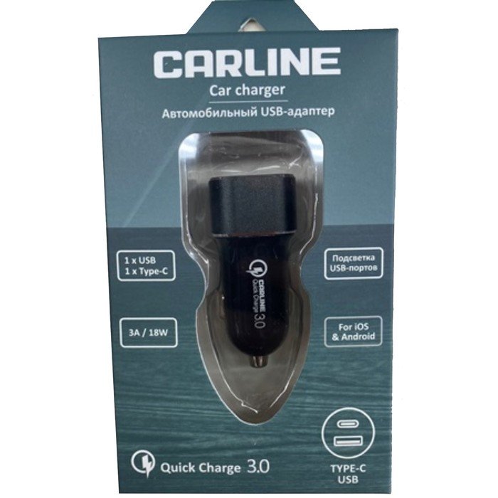 Адаптер автомобильный CARLINE® 2хUSB, USB QC 3.0 + PD TypeC, в прикуриватель 12/24В, черный   100247