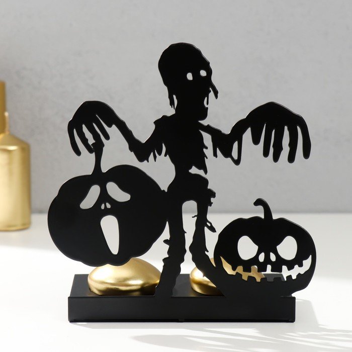 Подсвечник металл на 2 свечи "Хэллоуин. Скелет с тыквами" чёрный 15х14х6 см