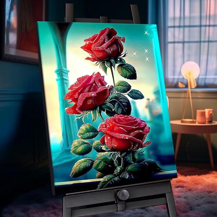 Картина по номерам с кристаллами из хрусталя «Бордовые розы» 25 цветов, 40 × 50 см