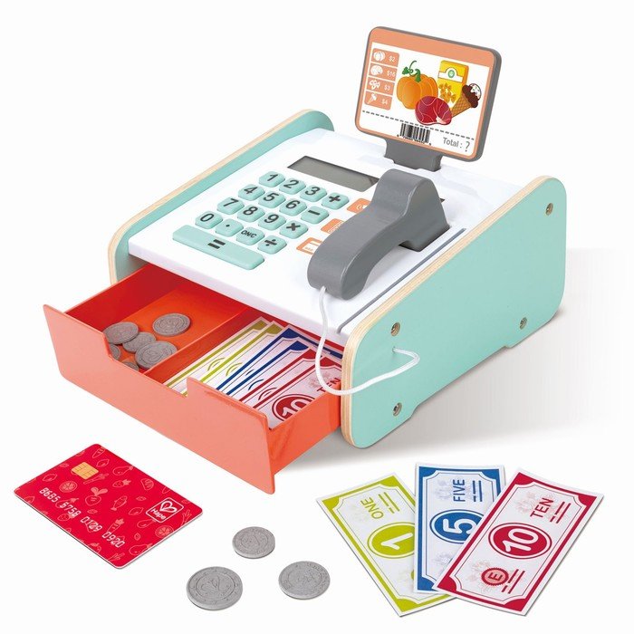 Игровой набор Hape, детская касса с бумажными деньгами и монетами