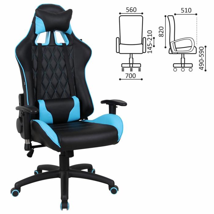Кресло игровое BRABIX "GT Master GM-110", две подушки, экокожа, черное/голубое, 531928   544849