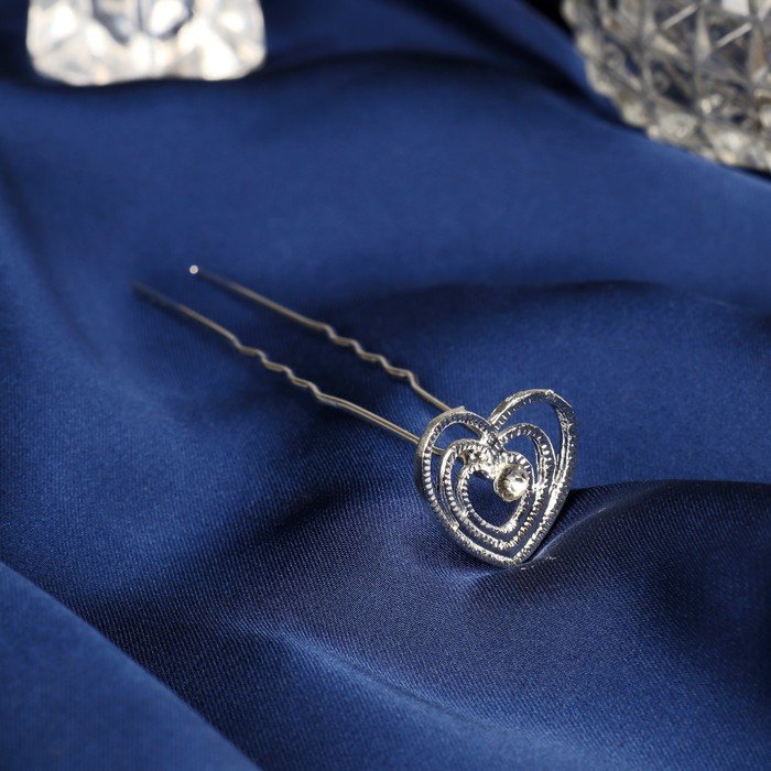 Шпилька для волос "Аврора" сердце, 1,4х6,5 см, серебро