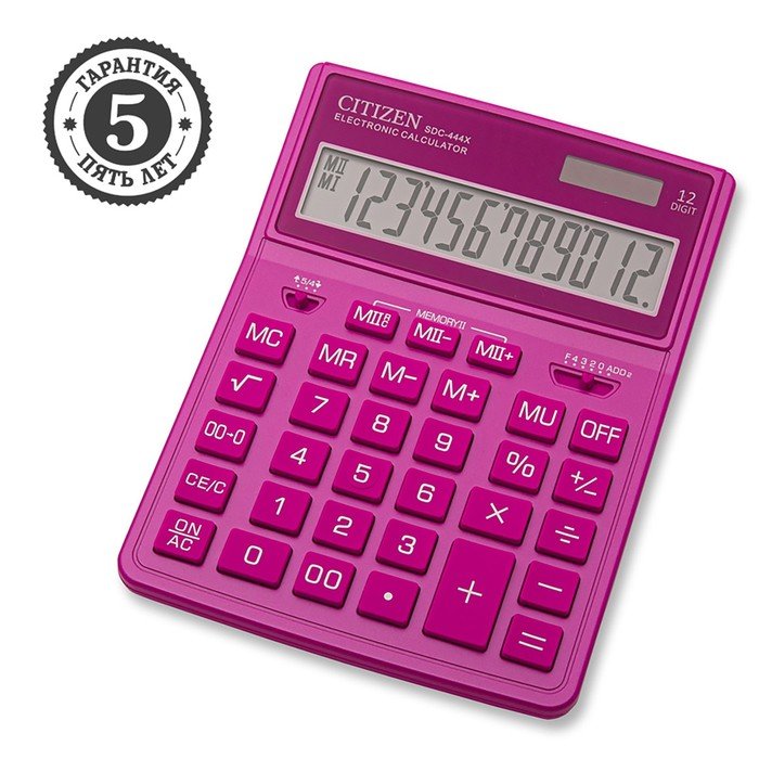 Калькулятор настольный Citizen "SDC-444XRPKE", 12-разрядный, 155 х 204 х 33 мм, двойное питание, розовый