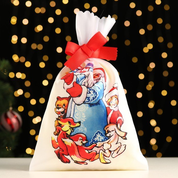 Мешок новогодний "Дедушка мороз и зверята", атлас, полноцветная печать, 21х35 см