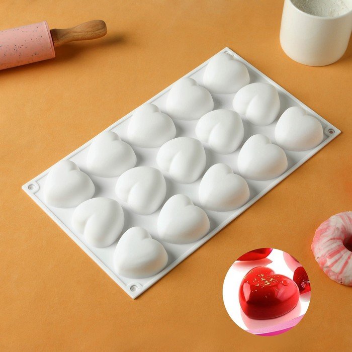 Форма силиконовая для муссовых десертов и выпечки KONFINETTA «Сердца», 29,8×17,3×2,5 см, 15 ячеек, ячейка 5×4,6 см, цвет белый