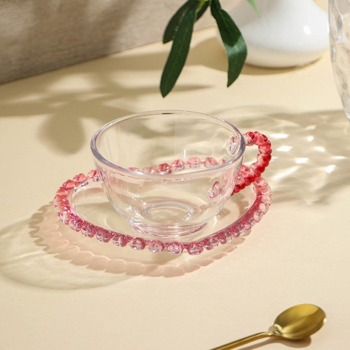 Чайная пара стеклянная «Розе», 2 предмета: кружка 250 мл, блюдце d=14 см