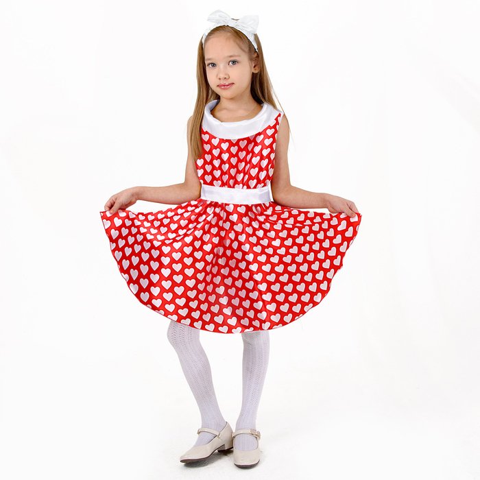 Карнавальный костюм «Стиляги» платье красное с белыми сердцами, повязка р-р 30 рост 110-116 см
