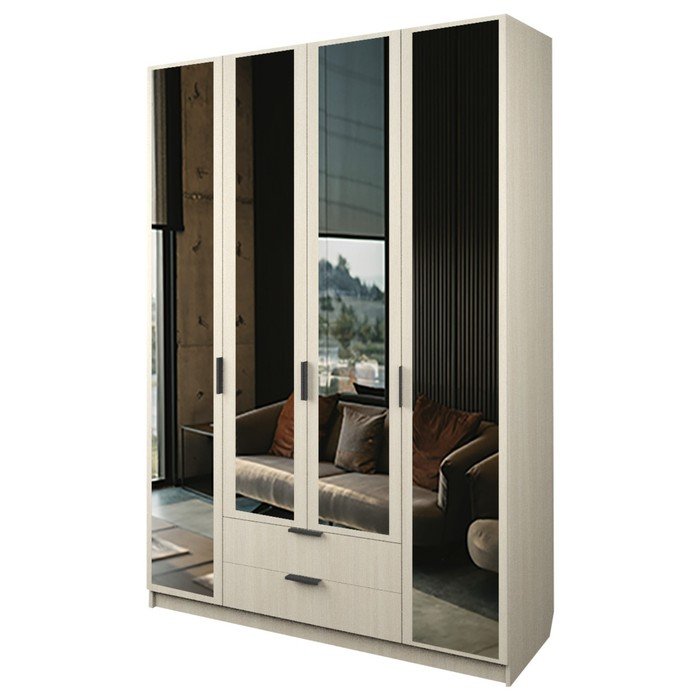 Шкаф 4-х дверный «Экон», 1600×520×2300 мм, 2 ящика, 4 зеркала, цвет дуб молочный