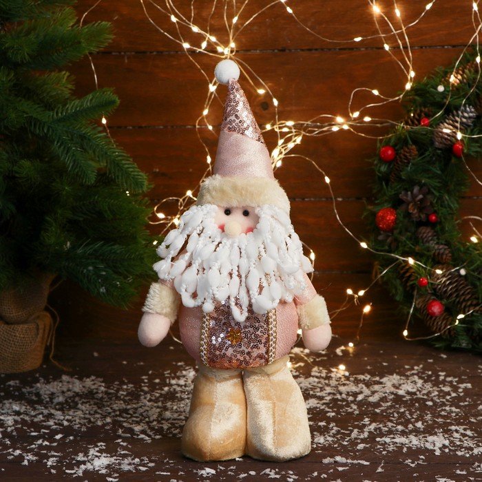 Мягкая игрушка "Дед Мороз в костюме с цветочками" стоит, 13х30 см, розовый