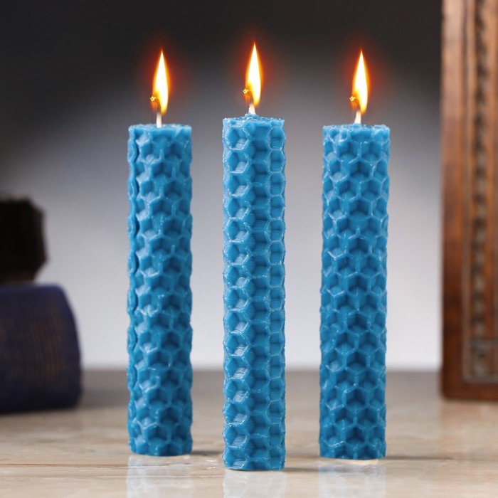 Набор свечей из вощины "Спокойствие и достижение целей" , 3 шт, 8х1,7 см, 45 мин, синий