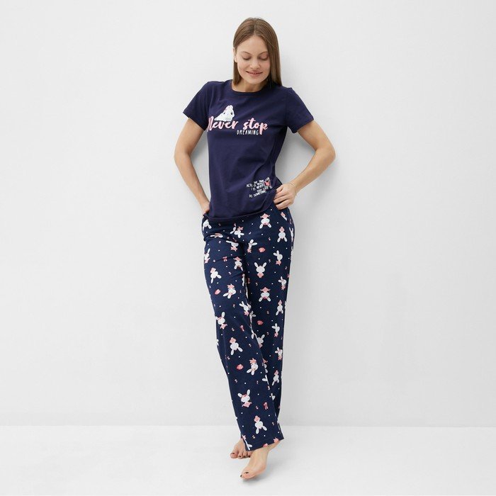 Комплект домашний женский (футболка/брюки), цвет тёмно-синий, размер 48