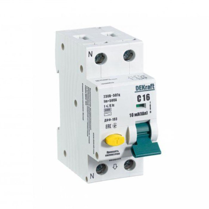 Выключатель автоматический дифференциального тока 2п (1P+N) C 16А 10мА тип AC ДИФ-103 6кА DEKraft 16200DEK