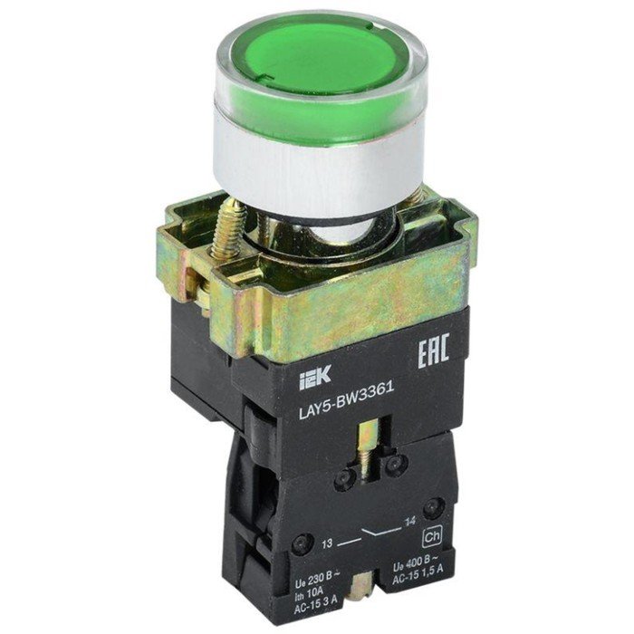Кнопка IEK, LAY5-BW3361 с подсветкой, цвет зеленый, 1з, BBT50-BW-K06