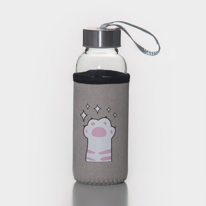 Бутылка для воды стеклянная в чехле «Лапки», 300 мл, h=17 см, цвет розовый