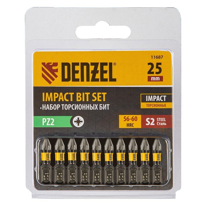 Набор бит торсионных Denzel 11687, лазерная обработка шлица, PZ2 x 25 мм, сталь S2, 10 шт.