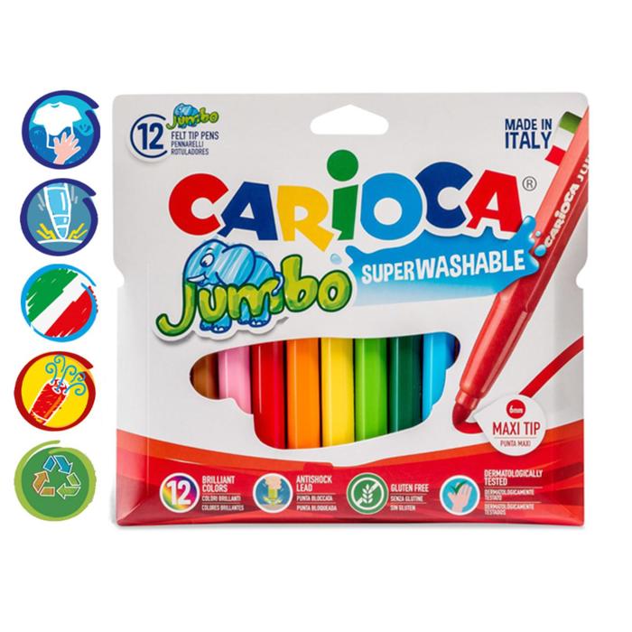 Фломастеры 12 цветов Carioca Jumbo, 5.0 мм, утолщенные, смываемые, увеличенный ресурс, суперяркие, европодвес