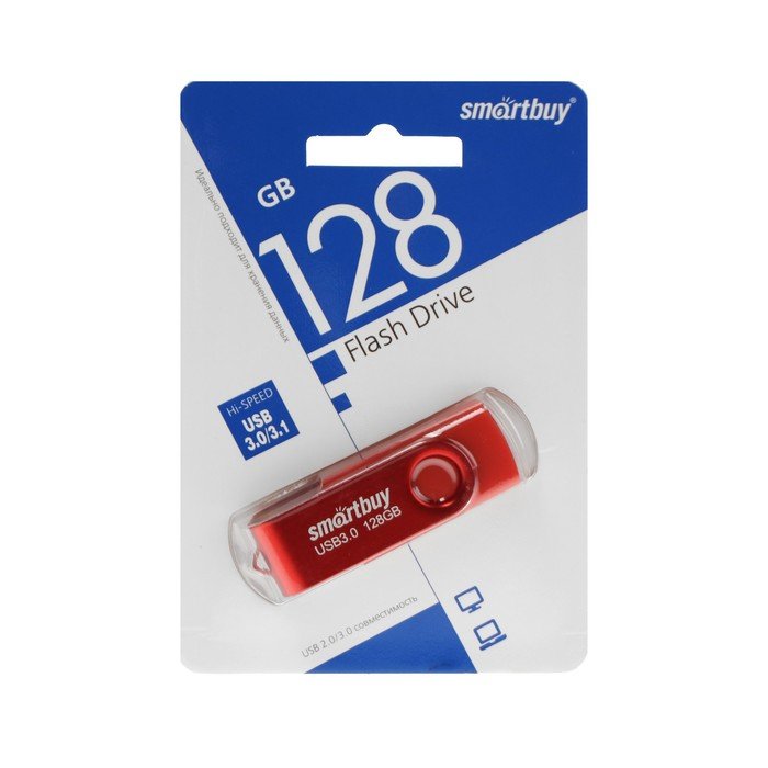 Флешка Smartbuy Twist, 128 Гб, USB 3.1, чт до 70 Мб/с, зап до 40 Мб/с, красная
