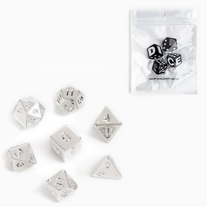 Набор кубиков для D&D (Dungeons and Dragons, ДнД) "Время игры", серия: D&D, 7 шт, серебро
