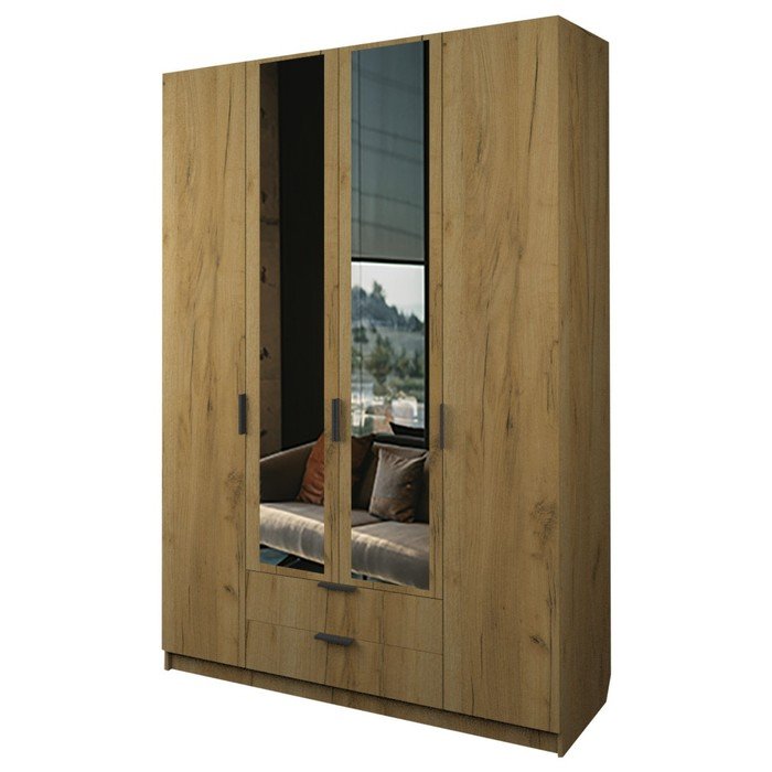 Шкаф 4-х дверный «Экон», 1600×520×2300 мм, 2 ящика, 2 зеркала, цвет дуб крафт золотой