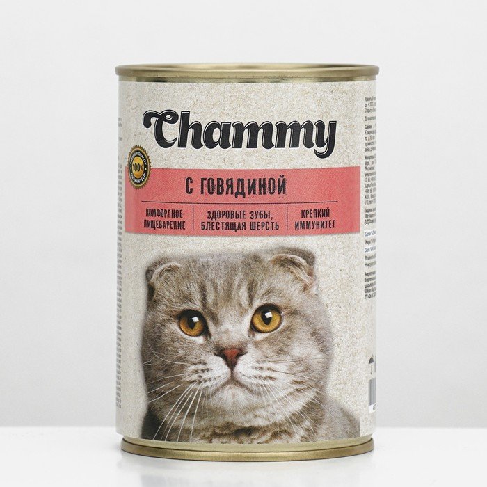 Влажный корм Chammy для кошек, говядина в соусе, ж/б, 415 г