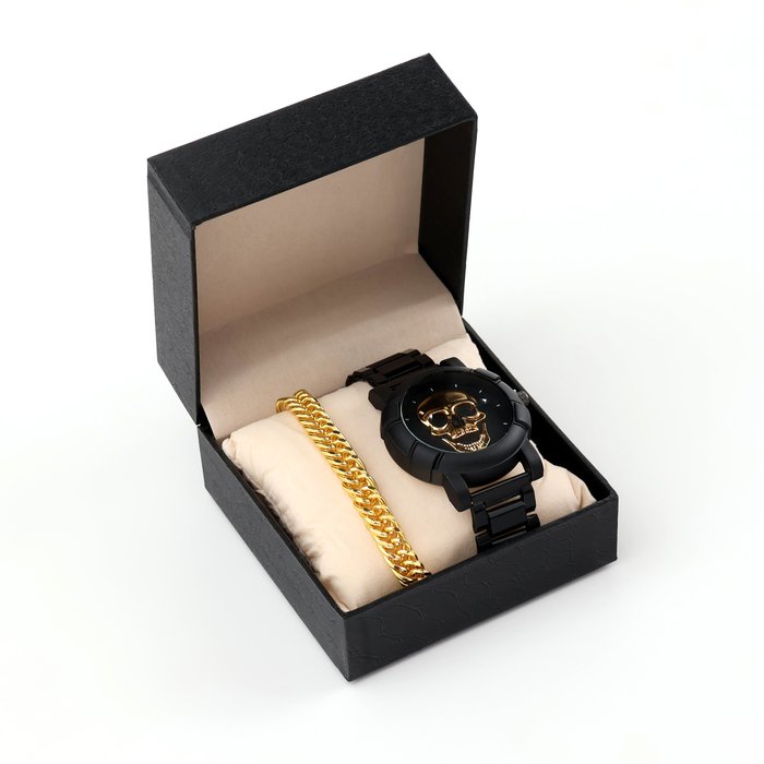 Мужской подарочный набор "Череп" 2 в 1: наручные часы, браслет