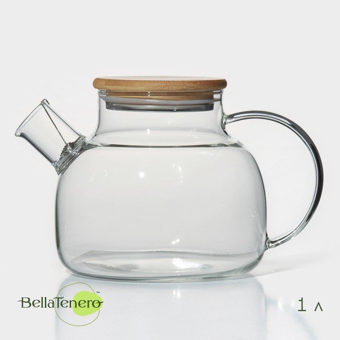 Чайник заварочный стеклянный с бамбуковой крышкой и металлическим фильтром BellaTenero «Эко», 1 л