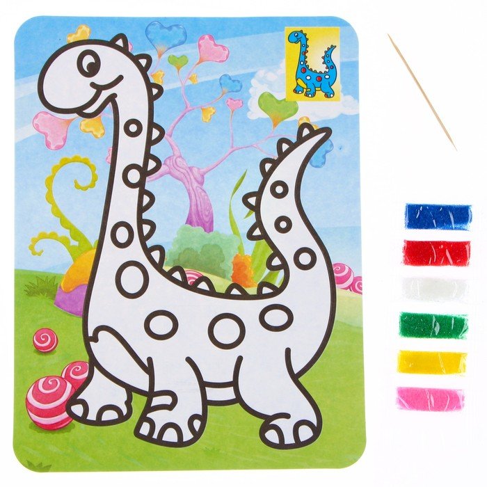 Фреска с цветным основанием «Милый динозаврик», 6 цветов песка