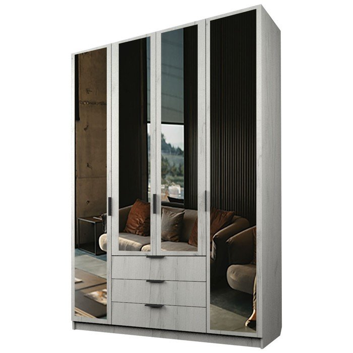 Шкаф 4-х дверный «Экон», 1600×520×2300 мм, 3 ящика, 4 зеркала, цвет дуб крафт белый