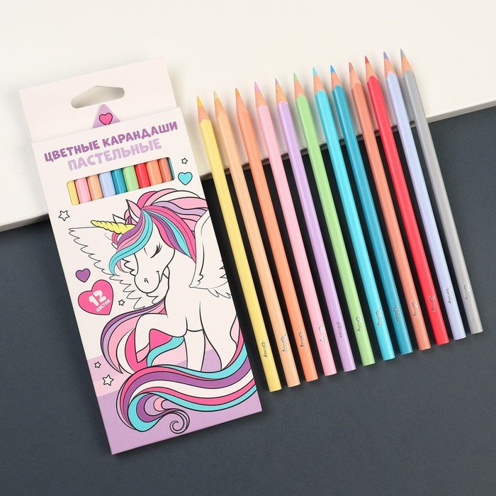Цветные карандаши пастельные, 12 цветов, трёхгранный корпус "Единорог", Минни и единорог