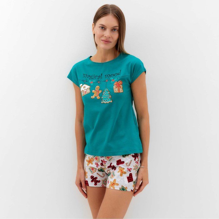 Комплект женский домашний (футболка/шорты), цвет зелёный, размер 54