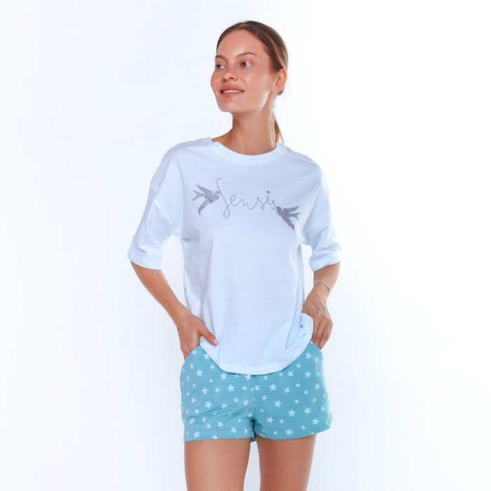 Комплект домашний женский (футболка/шорты), цвет голубой, размер 52