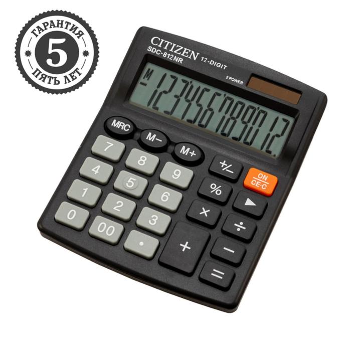 Калькулятор настольный Citizen "SDC-812NR", 12-разрядный, 102 х 124 х 25 мм, двойное питание, чёрный